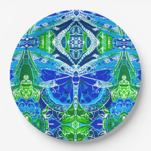 Assiettes En Carton Motif Batik de papillon et de médaillon en bleu