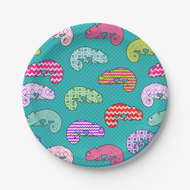 Assiettes En Carton Motif bleu de caméléon d'arc-en-ciel (Devant)