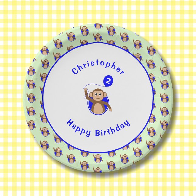 Assiettes En Carton motif bleu vert singe de 2e anniversaire (Créateur téléchargé)