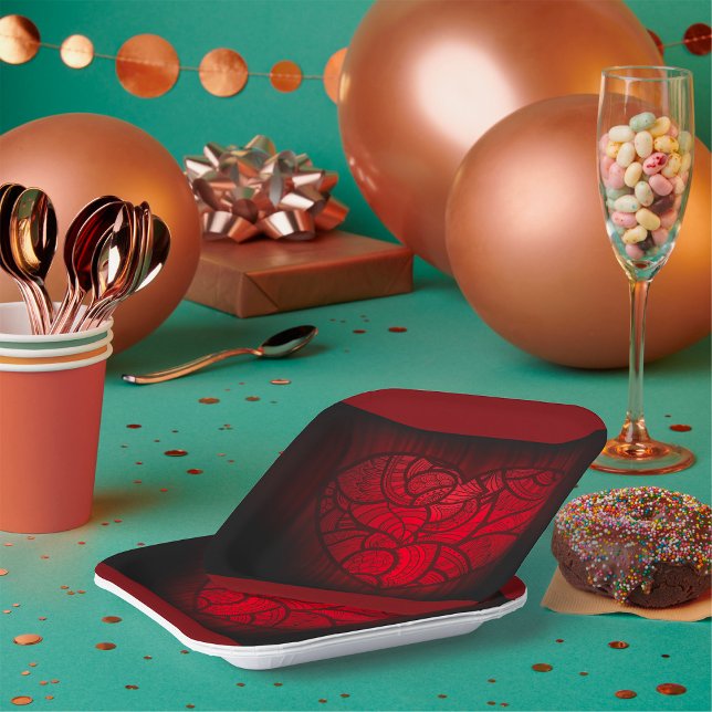 Assiettes En Carton Motif boho romantique du coeur de Mandala rouge co (Créateur téléchargé)