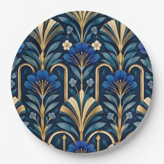 Assiettes En Carton Motif botanique Art Déco. Bleu saphir