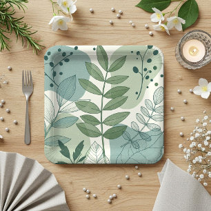 Assiettes En Carton Motif botanique de feuille de sauge moderne vert