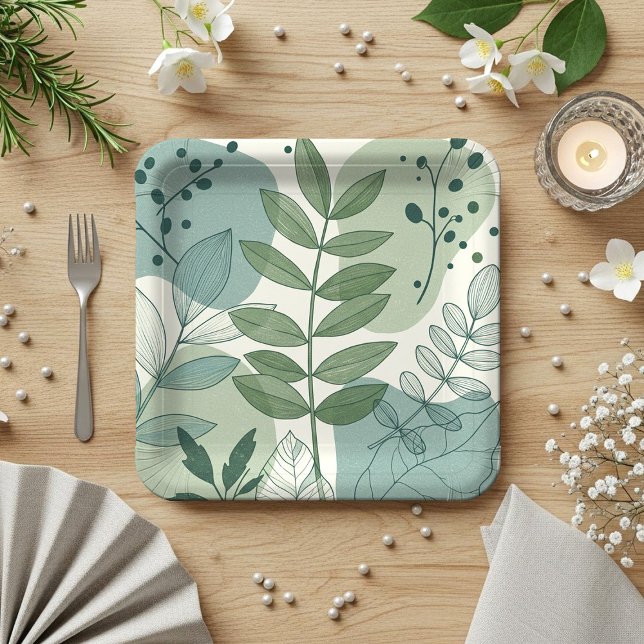 Assiettes En Carton Motif botanique de feuille de sauge moderne vert (Créateur téléchargé)