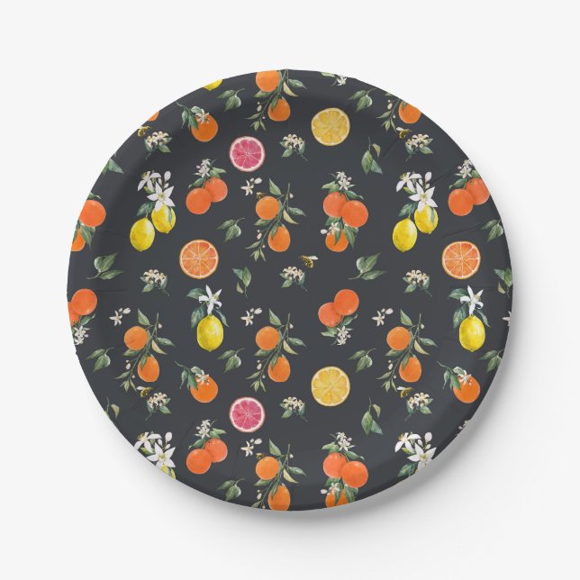 Assiettes En Carton Motif botanique orange et citron foncé (Devant)