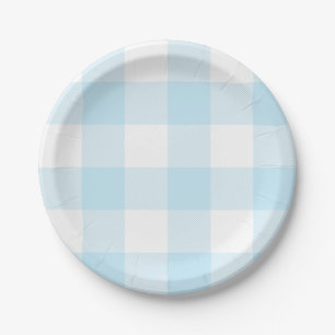 Assiettes En Carton Motif carreaux gingham bleu ciel pastel