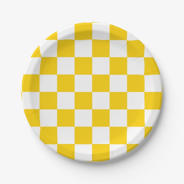 Assiettes En Carton Motif chèque À damiers blanc jaune (Devant)