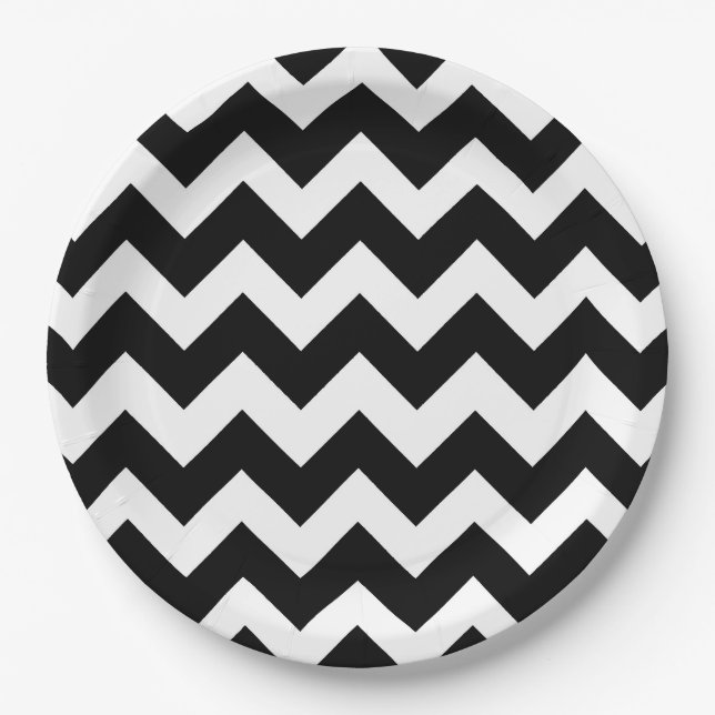 Assiettes En Carton Motif Chevron Blanc Noir Zigzag (Devant)