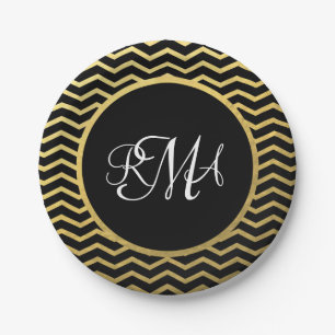 Assiettes En Carton Motif Chevron noir et or Triple Monogramme