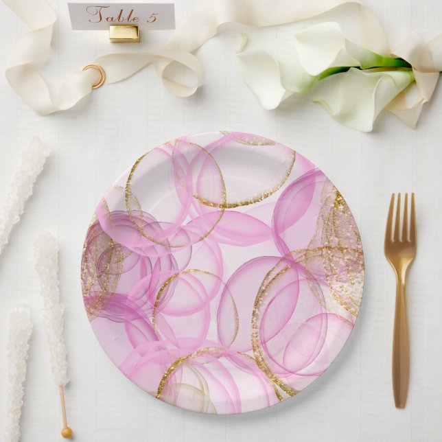 Assiettes En Carton Motif circulaire rose et or (Mariage)