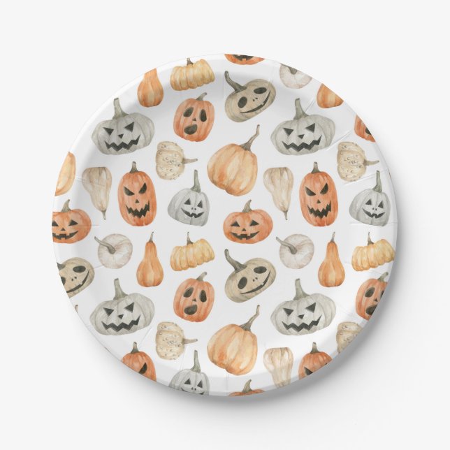 Assiettes En Carton Motif Citrouille d'aquarelle amusant (Devant)