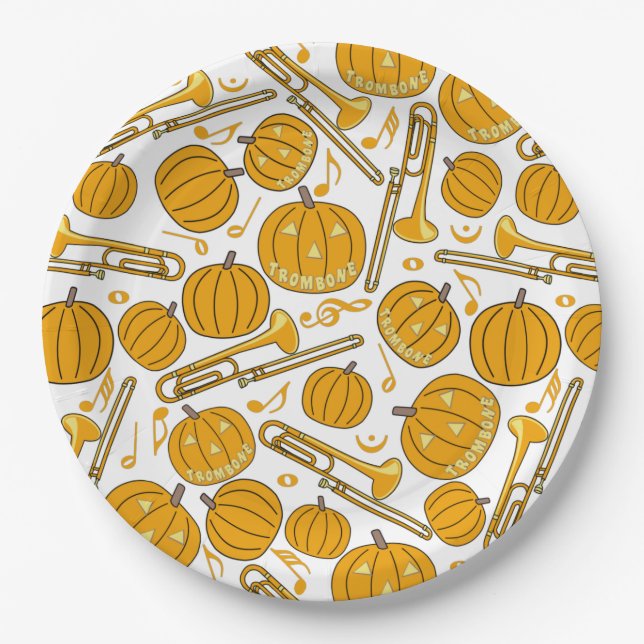 Assiettes En Carton Motif Citrouille d'Halloween Trombones (Devant)
