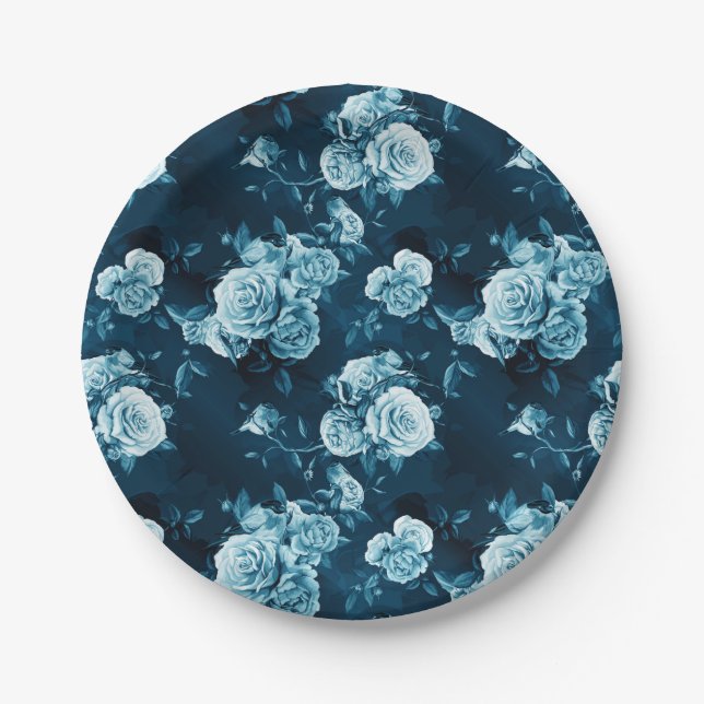 Assiettes En Carton Motif classique de rose de bleu (Devant)