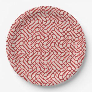 Assiettes En Carton Motif Crème Et Ligne Abstraite Rouge