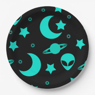 Assiettes En Carton Motif d'alien turquoise avec étoiles et lunes