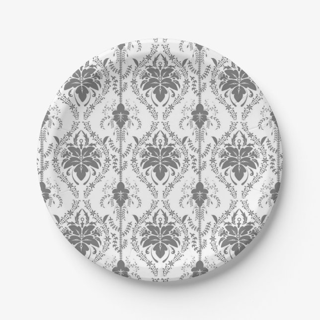 Assiettes En Carton Motif Damask blanc et gris (Devant)