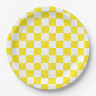 Assiettes En Carton Motif damier jaune et blanc