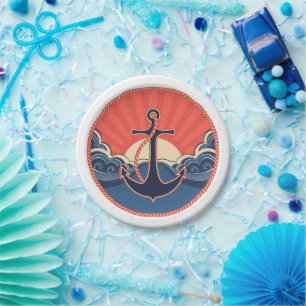 Assiettes En Carton Motif D'Ancre Et D'Ondes De Mer