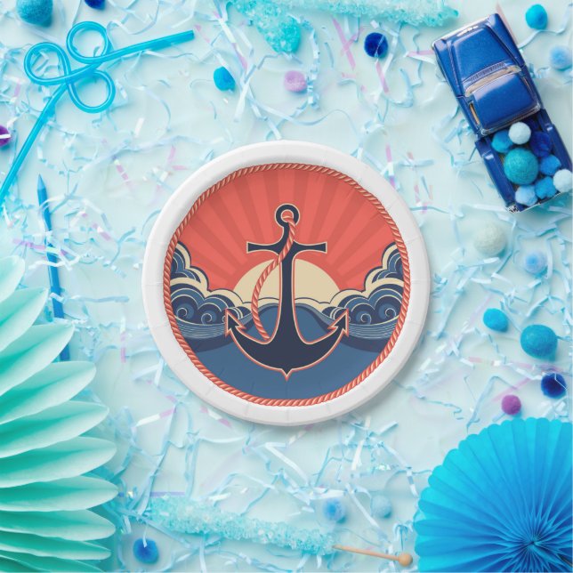 Assiettes En Carton Motif D'Ancre Et D'Ondes De Mer (Fête)