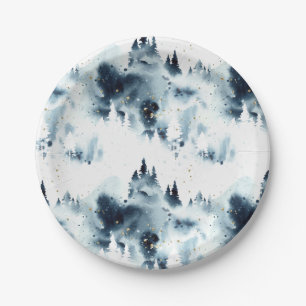 Assiettes En Carton Motif d'aquarelle de la forêt bleue de minuit