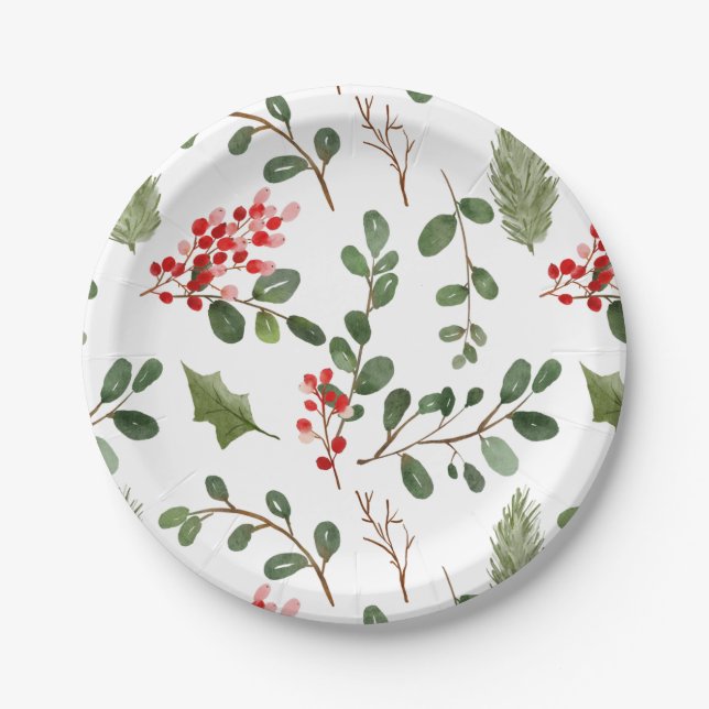Assiettes En Carton Motif d'aquarelle Holly Feuille Red Berry (Devant)