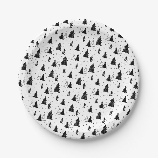 Assiettes En Carton Motif d'arbre de Noël noir et blanc (Devant)
