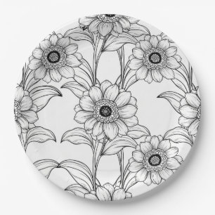 Assiettes En Carton Motif d'art en ligne floral noir et blanc élégant