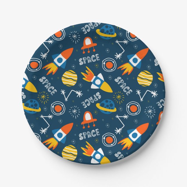 Assiettes En Carton Motif d'aventures spatiales colorées (Devant)