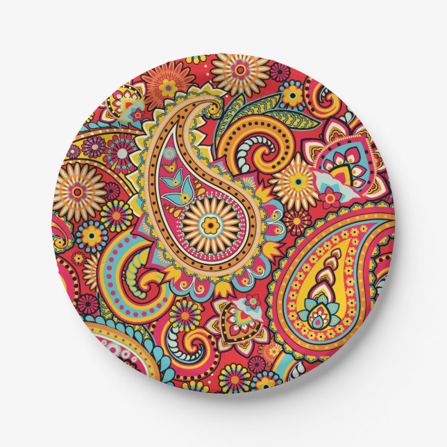 Assiettes En Carton Motif de Bohème floral rouge lumineux de Paisley (Devant)