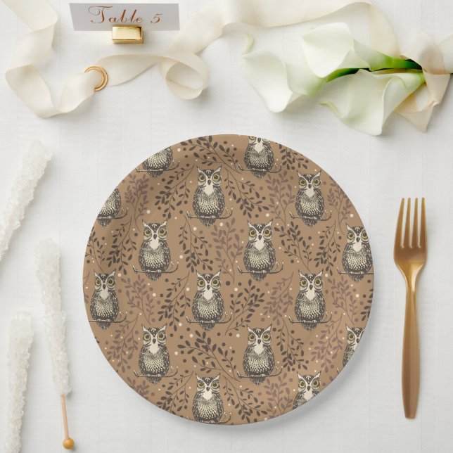 Assiettes En Carton Motif de bois illustré de Chouette Brown (Mariage)