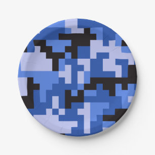 Assiettes En Carton Motif de camouflage de l'armée de pixels noir bleu