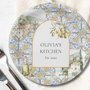 Assiettes En Carton Motif de carreaux bleu jaune Olive Méditerranée