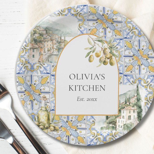 Assiettes En Carton Motif de carreaux bleu jaune Olive Méditerranée (In situ)