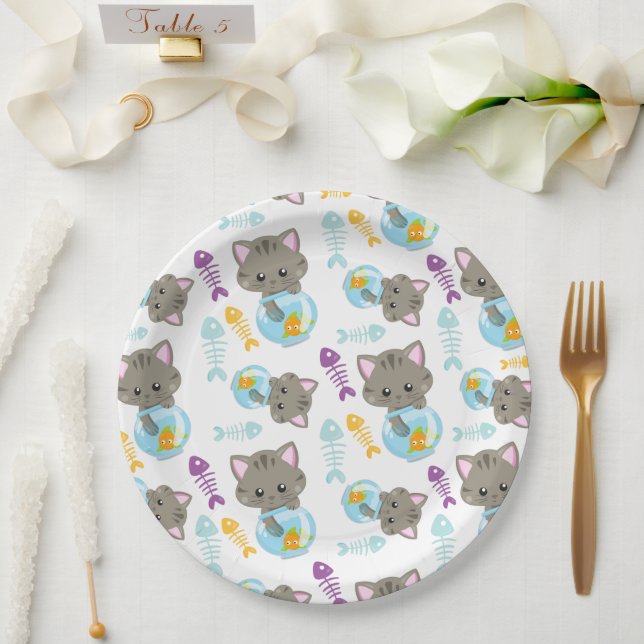 Assiettes En Carton Motif De Chats, Chats Mignons, Chatons, Poisson (Mariage)