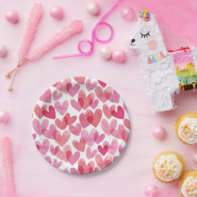 Assiettes En Carton Motif de coeur aquarelle (Fête)