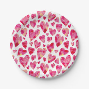 Assiettes En Carton Motif de cœur d'amour à l'aquarelle rose