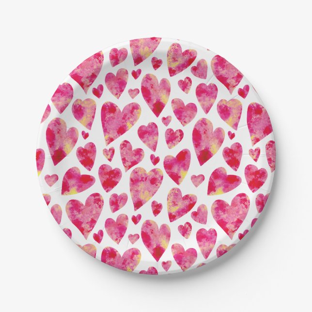 Assiettes En Carton Motif de cœur d'amour à l'aquarelle rose (Devant)