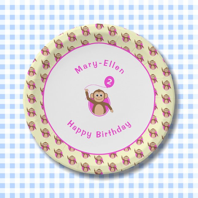 Assiettes En Carton motif de crème rose singe de 2e anniversaire (Créateur téléchargé)