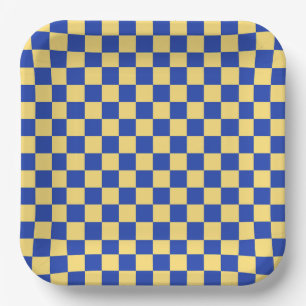 Assiettes En Carton Motif de damier jaune beurre et bleu