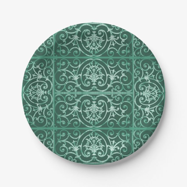 Assiettes En Carton Motif de défilement vert Sage (Devant)