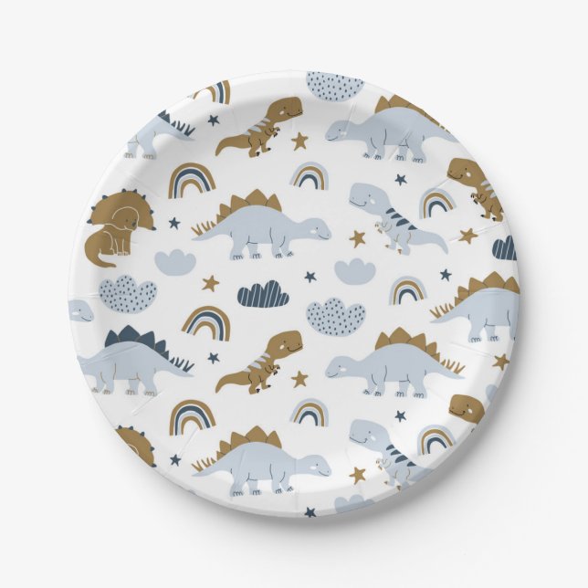 Assiettes En Carton Motif de dinosaure arc-en-ciel mignon (Devant)