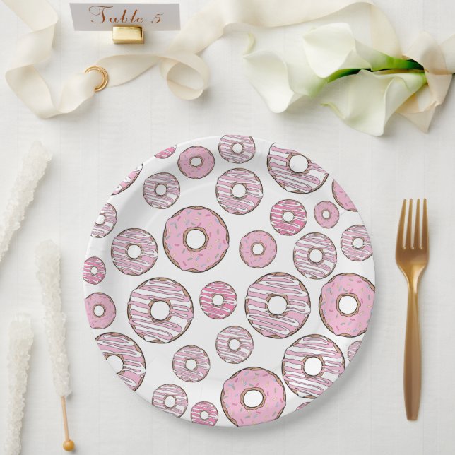 Assiettes En Carton Motif De Donuts, Donuts Roses, Saupoudrages (Mariage)