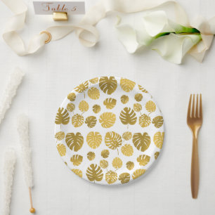 Assiettes En Carton Motif de feuilles tropicales de Monstera en or mod