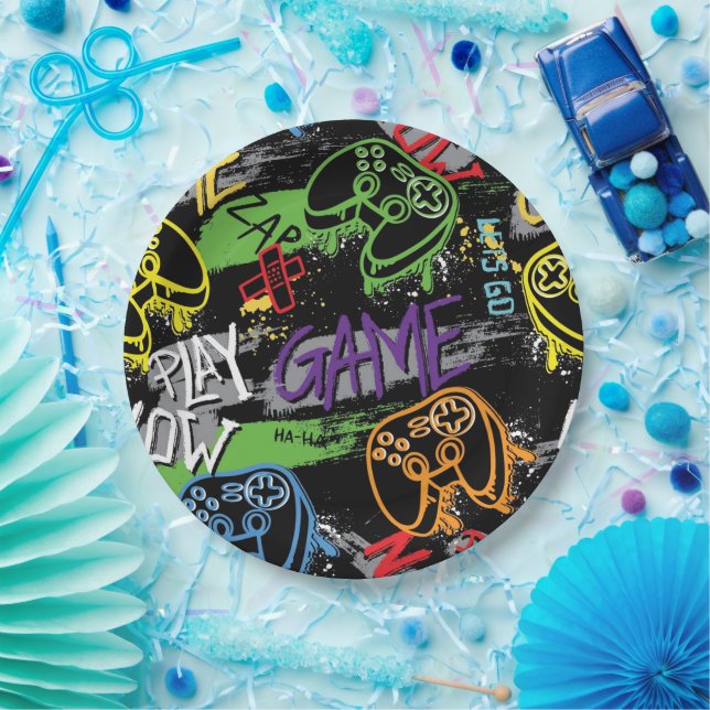 Assiettes En Carton Motif de jeu en graffiti néon (Fête)
