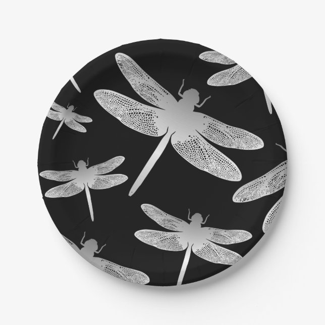 Assiettes En Carton Motif de la libellule noire et blanche (Devant)