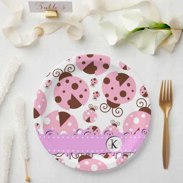 Assiettes En Carton Motif De Ladybugs, Poupées Roses, Monogramme (Mariage)