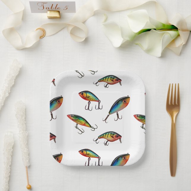 Assiettes En Carton Motif de leurre de pêche (Mariage)