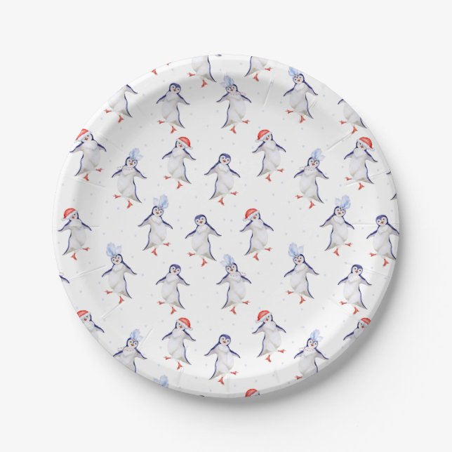 Assiettes En Carton Motif de manchots dansants Noël Mignon (Devant)