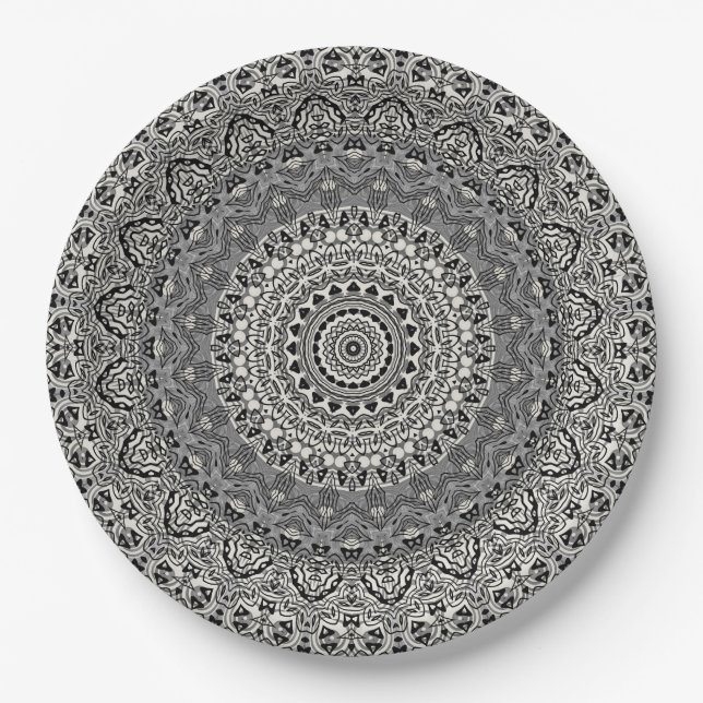 Assiettes En Carton Motif de mandala géométrique noir et blanc (Devant)