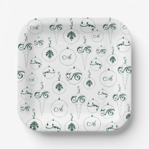 Assiettes En Carton Motif de Monogramme vert Bauble Noël Carré