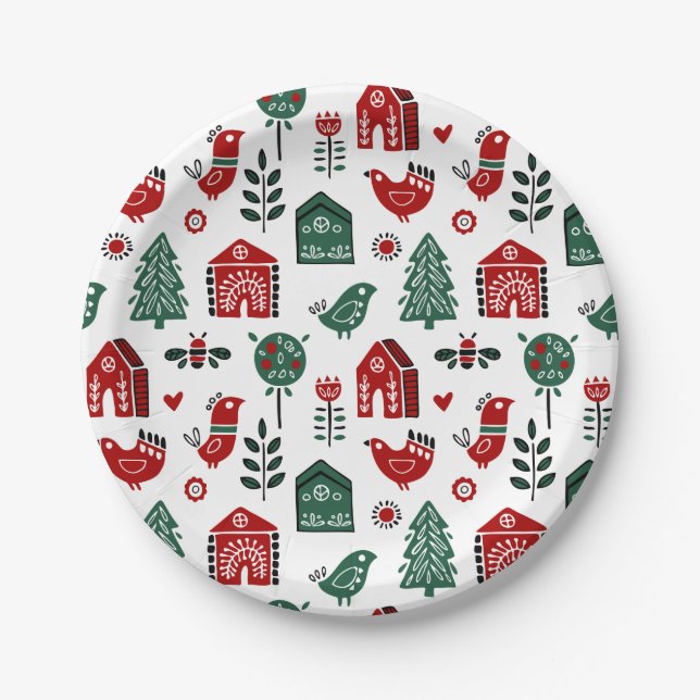 Assiettes En Carton Motif de Noël scandinave rouge et vert (Devant)